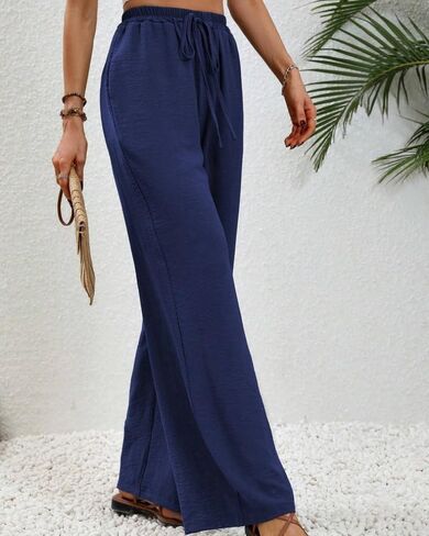 Sulozom Womens Wide Leg Pants High Waisted Flowy Palazzo Work Casuals Lounge Boho Beach Pants with Pockets in Saudi Arabia