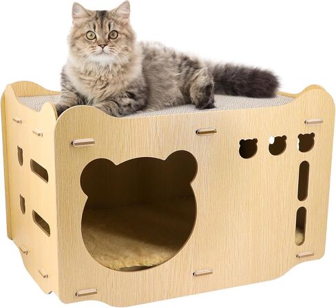 Wooden Cat House Corrugated Cat Scratch Board Detachable Design Wear-Resistant and Chip-Free Vertical Double-Layer Superimposed Cat Nest, Stable and Solid, Available on Both Sides (Cat Shape) in Kuwait