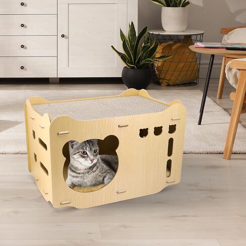 Wooden Cat House Corrugated Cat Scratch Board Detachable Design Wear-Resistant and Chip-Free Vertical Double-Layer Superimposed Cat Nest, Stable and Solid, Available on Both Sides (Cat Shape) in Kuwait