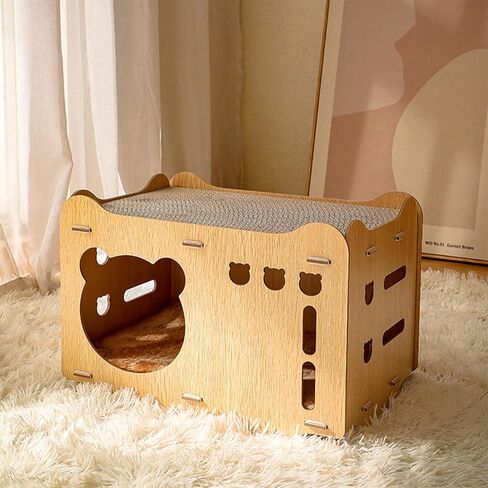 Wooden Cat House Corrugated Cat Scratch Board Detachable Design Wear-Resistant and Chip-Free Vertical Double-Layer Superimposed Cat Nest, Stable and Solid, Available on Both Sides (Cat Shape) in Kuwait