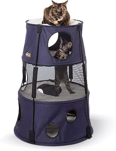 K&H Pet Products Cat Tower Tree Condo للقطط الداخلية، سرير أرجوحة حديث لطيف للقطط، مركز أنشطة منزل القطط والبالغين، ملعب شجرة كهف كبير مخبأ مريح - 3 مستويات من الدنيم 22 × 30 in Saudi Arabia