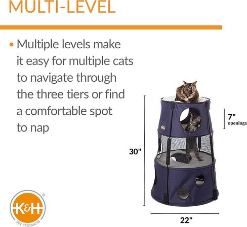 K&H Pet Products Cat Tower Tree Condo للقطط الداخلية، سرير أرجوحة حديث لطيف للقطط، مركز أنشطة منزل القطط والبالغين، ملعب شجرة كهف كبير مخبأ مريح - 3 مستويات من الدنيم 22 × 30 in Saudi Arabia