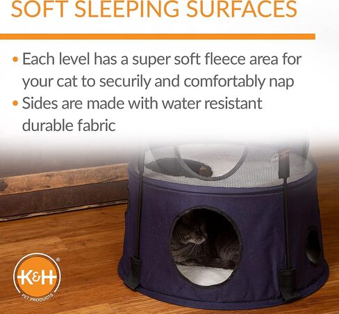 K&H Pet Products Cat Tower Tree Condo للقطط الداخلية، سرير أرجوحة حديث لطيف للقطط، مركز أنشطة منزل القطط والبالغين، ملعب شجرة كهف كبير مخبأ مريح - 3 مستويات من الدنيم 22 × 30 in Saudi Arabia