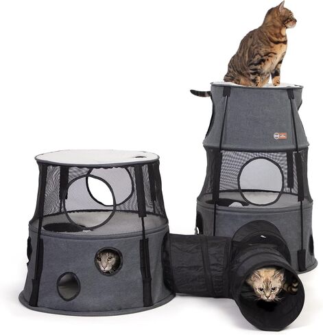 K&H Pet Products Cat Tower Tree Condo للقطط الداخلية، سرير أرجوحة حديث لطيف للقطط، مركز أنشطة منزل القطط والبالغين، ملعب شجرة كهف كبير مخبأ مريح - 3 مستويات من الدنيم 22 × 30 in Saudi Arabia