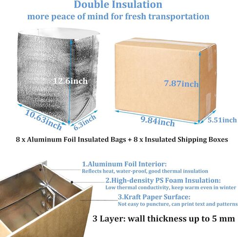 8 PCS Insulated Shipping Boxes with 8 PCS Aluminum Foil Liner, 10"x5.5"x8" Thermo Chill Insulated Shipping Box Reusable Cooler Box for Shipping Frozen Food in Saudi Arabia