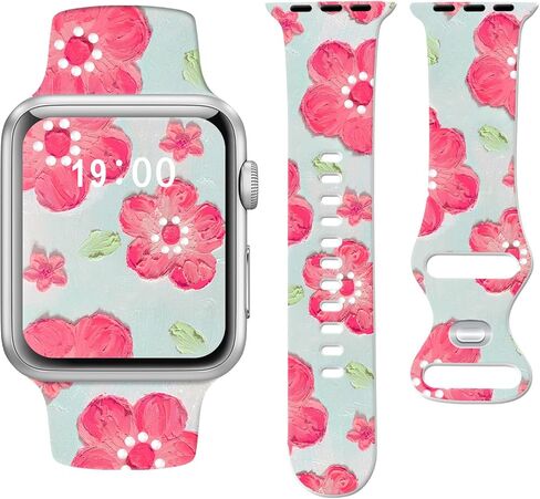 Floral Bands Compatible with Apple Watch Band 41mm 40mm 38mm for Women Girl, Fadeless Cute Floral Pattern Printed Silicone Band for iWatch SE Series 9 8 7 6 5 4 3 2 1 Ultra 2 holiday Gift in Saudi Arabia