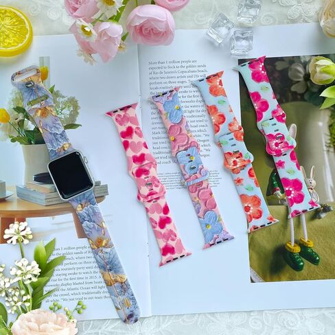 Floral Bands Compatible with Apple Watch Band 41mm 40mm 38mm for Women Girl, Fadeless Cute Floral Pattern Printed Silicone Band for iWatch SE Series 9 8 7 6 5 4 3 2 1 Ultra 2 holiday Gift in Saudi Arabia