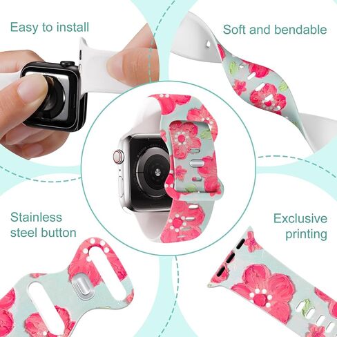 Floral Bands Compatible with Apple Watch Band 41mm 40mm 38mm for Women Girl, Fadeless Cute Floral Pattern Printed Silicone Band for iWatch SE Series 9 8 7 6 5 4 3 2 1 Ultra 2 holiday Gift in Saudi Arabia