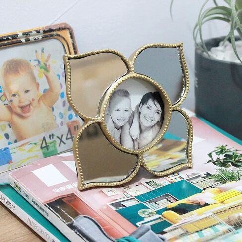 2x2 Round Photo Picture Frame with Petal Shaped Mirrors Gold Flower Shaped for Tabletop Desktop Display (Frame 4X4) in Kuwait