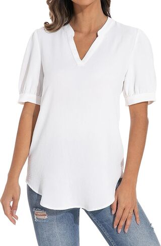 سترة نسائية فضفاضة بأكمام منتفخة ورقبة على شكل حرف V من GUANYY، قميص كاجوال ناعم ومريح in Kuwait