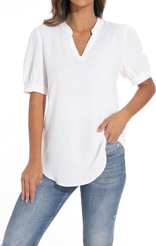 سترة نسائية فضفاضة بأكمام منتفخة ورقبة على شكل حرف V من GUANYY، قميص كاجوال ناعم ومريح in Kuwait