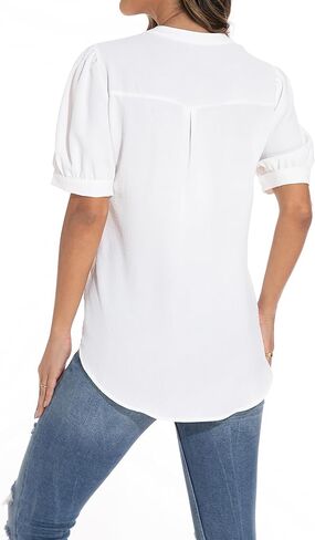 سترة نسائية فضفاضة بأكمام منتفخة ورقبة على شكل حرف V من GUANYY، قميص كاجوال ناعم ومريح in Kuwait