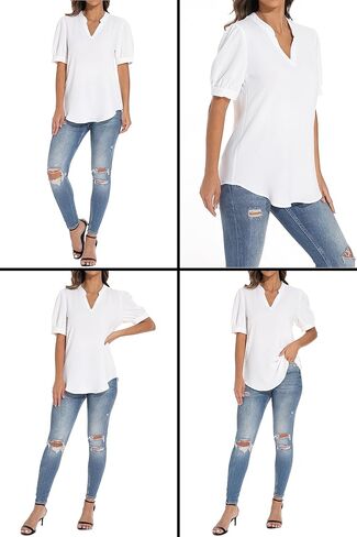 سترة نسائية فضفاضة بأكمام منتفخة ورقبة على شكل حرف V من GUANYY، قميص كاجوال ناعم ومريح in Kuwait