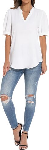 سترة نسائية فضفاضة بأكمام منتفخة ورقبة على شكل حرف V من GUANYY، قميص كاجوال ناعم ومريح in Kuwait