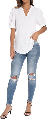 سترة نسائية فضفاضة بأكمام منتفخة ورقبة على شكل حرف V من GUANYY، قميص كاجوال ناعم ومريح in Kuwait