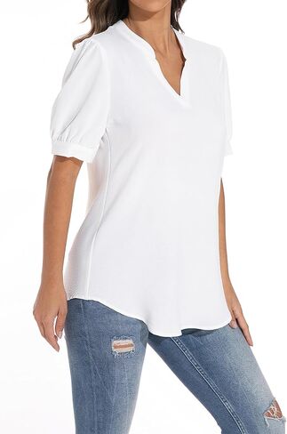 سترة نسائية فضفاضة بأكمام منتفخة ورقبة على شكل حرف V من GUANYY، قميص كاجوال ناعم ومريح in Kuwait