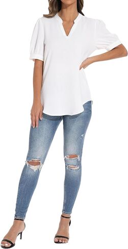 سترة نسائية فضفاضة بأكمام منتفخة ورقبة على شكل حرف V من GUANYY، قميص كاجوال ناعم ومريح in Kuwait