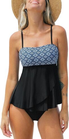 CUPSHE Women's Tankini Sets Two Piece Swimsuit Square Neck Mid Rise Retro Swimwear Irregular Hem in Saudi Arabia