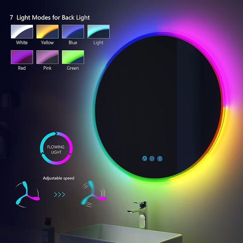مرآة حمام LED مقاس 24 بوصة من Vlsrka مع تغيير لون RGB، مرآة مكياج مضاءة للجدار، مرآة زينة دائرية مع تعتيم الضوء، مرآة مستديرة RGB بإضاءة خلفية وأمامية، مقاومة للماء، خالية من الضباب، ذاكرة in Kuwait