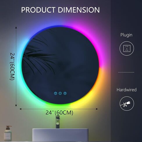 مرآة حمام LED مقاس 24 بوصة من Vlsrka مع تغيير لون RGB، مرآة مكياج مضاءة للجدار، مرآة زينة دائرية مع تعتيم الضوء، مرآة مستديرة RGB بإضاءة خلفية وأمامية، مقاومة للماء، خالية من الضباب، ذاكرة in Kuwait