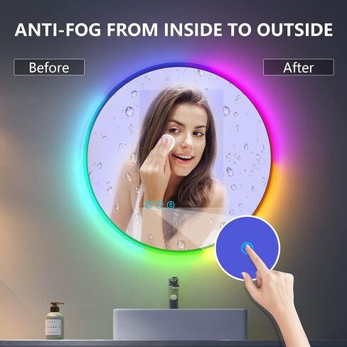 مرآة حمام LED مقاس 24 بوصة من Vlsrka مع تغيير لون RGB، مرآة مكياج مضاءة للجدار، مرآة زينة دائرية مع تعتيم الضوء، مرآة مستديرة RGB بإضاءة خلفية وأمامية، مقاومة للماء، خالية من الضباب، ذاكرة in Kuwait