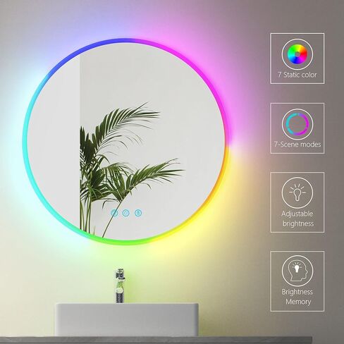 مرآة حمام LED مقاس 24 بوصة من Vlsrka مع تغيير لون RGB، مرآة مكياج مضاءة للجدار، مرآة زينة دائرية مع تعتيم الضوء، مرآة مستديرة RGB بإضاءة خلفية وأمامية، مقاومة للماء، خالية من الضباب، ذاكرة in Kuwait