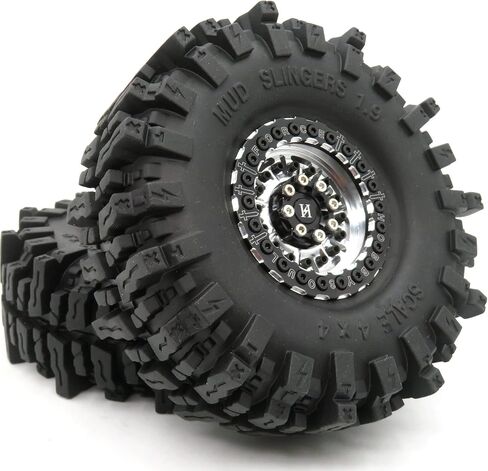 HOBBYSOUL 1.9 Mud Slingers tires 4.72'' / 120mm & Aluminum 1.9 Beadlock Wheels Gold Black for 1/10 Crawler Truck Axial SCX10 Traxxas TRX-4 Redcat Gen8 Tamiay CC01, (4-Pack, Assembled) in Saudi Arabia