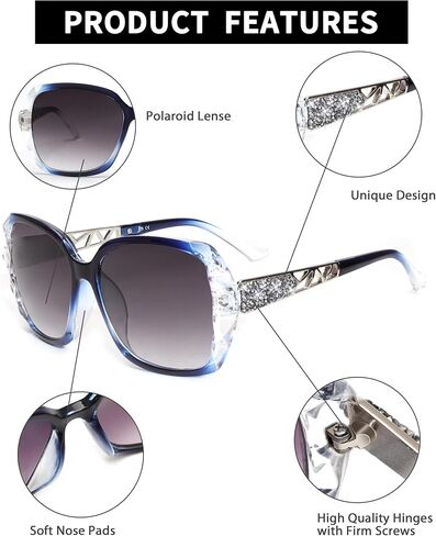 JM Oversized Women Square Sunglasses Sparkling Composite Shiny Frame UV400 Protection in Saudi Arabia