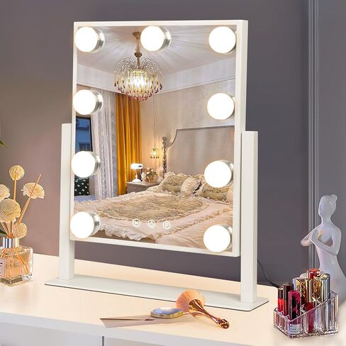 Hollywood Vanity Mirror with Lights, Tabletop Makeup Mirror with 9 LED Lights, 3 Colors Dimmable Touch Control Lighted Makeup Mirror with Lights, 360°Rotation in Saudi Arabia