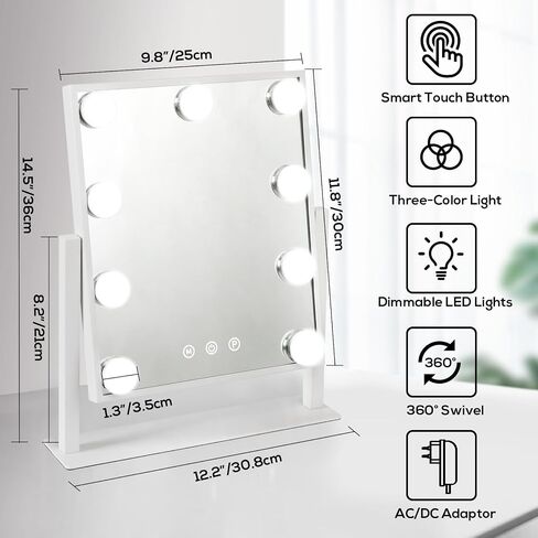 Hollywood Vanity Mirror with Lights, Tabletop Makeup Mirror with 9 LED Lights, 3 Colors Dimmable Touch Control Lighted Makeup Mirror with Lights, 360°Rotation in Saudi Arabia