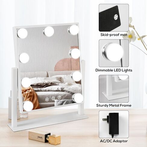 Hollywood Vanity Mirror with Lights, Tabletop Makeup Mirror with 9 LED Lights, 3 Colors Dimmable Touch Control Lighted Makeup Mirror with Lights, 360°Rotation in Saudi Arabia