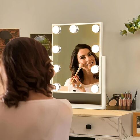 Hollywood Vanity Mirror with Lights, Tabletop Makeup Mirror with 9 LED Lights, 3 Colors Dimmable Touch Control Lighted Makeup Mirror with Lights, 360°Rotation in Saudi Arabia