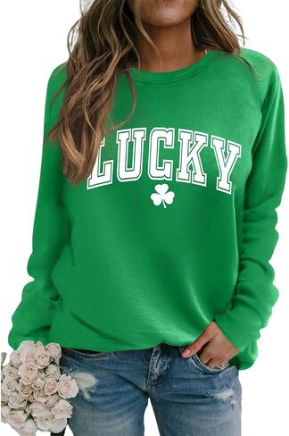 سويت شيرت نسائي من نوع St Patricks Day، قميص شامروك برقبة دائرية، قميص كاجوال بأكمام طويلة وطباعة البرسيم الأيرلندي in Saudi Arabia