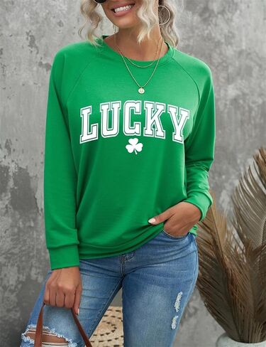 سويت شيرت نسائي من نوع St Patricks Day، قميص شامروك برقبة دائرية، قميص كاجوال بأكمام طويلة وطباعة البرسيم الأيرلندي in Saudi Arabia
