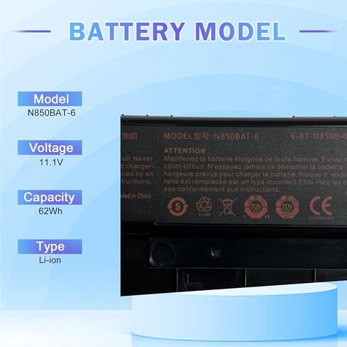 بطارية كمبيوتر محمول N850BAT-6 متوافقة مع CLEVO N870 N870HK Z6-KP Z6-KP5GT Z7M-KP Z7M-KP7G1 T58-T1 T6TI Series 6-87-N850S-6E7 6-87-N850S-6E71 11.1V 62Wh in Kuwait