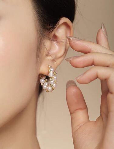 Pearl Earrings for Women Hoops Gold Cubic Zirconia Earrings Pearl Jewelry for Women in Saudi Arabia