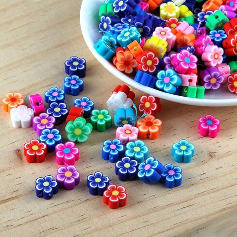 GSHLLO 200 Pcs Colorful Mixed Clay Beads Handmade Jewelry Loose Beads Polymer Clay Charms Flat Spacer Beads Necklace Earring Making Beads with Hole for DIY Crafts Flower in Saudi Arabia