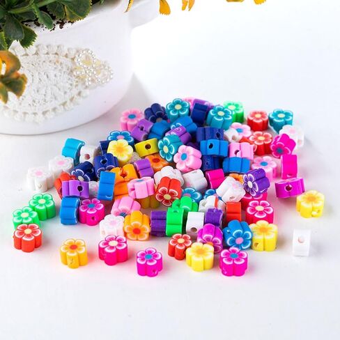 GSHLLO 200 Pcs Colorful Mixed Clay Beads Handmade Jewelry Loose Beads Polymer Clay Charms Flat Spacer Beads Necklace Earring Making Beads with Hole for DIY Crafts Flower in Saudi Arabia