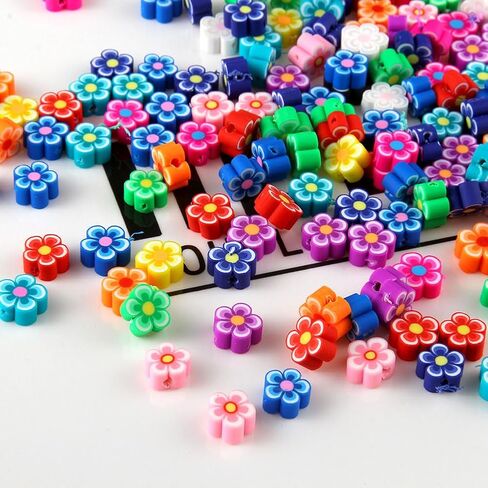GSHLLO 200 Pcs Colorful Mixed Clay Beads Handmade Jewelry Loose Beads Polymer Clay Charms Flat Spacer Beads Necklace Earring Making Beads with Hole for DIY Crafts Flower in Saudi Arabia