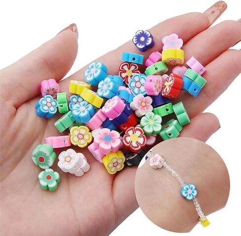 GSHLLO 200 Pcs Colorful Mixed Clay Beads Handmade Jewelry Loose Beads Polymer Clay Charms Flat Spacer Beads Necklace Earring Making Beads with Hole for DIY Crafts Flower in Saudi Arabia
