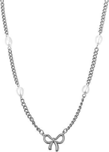 Women Bow Pearl Necklace: Gold Silver Bowknot Chain Pendant Jewelry Gift Trendy Elegant Dainty Female Stainless Steel Necklaces Choker for Wedding in Saudi Arabia