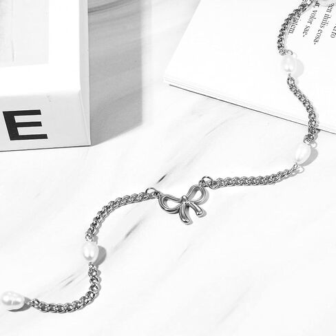 Women Bow Pearl Necklace: Gold Silver Bowknot Chain Pendant Jewelry Gift Trendy Elegant Dainty Female Stainless Steel Necklaces Choker for Wedding in Saudi Arabia