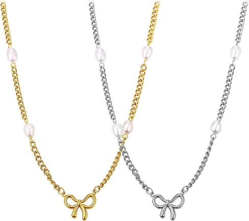 Women Bow Pearl Necklace: Gold Silver Bowknot Chain Pendant Jewelry Gift Trendy Elegant Dainty Female Stainless Steel Necklaces Choker for Wedding in Saudi Arabia