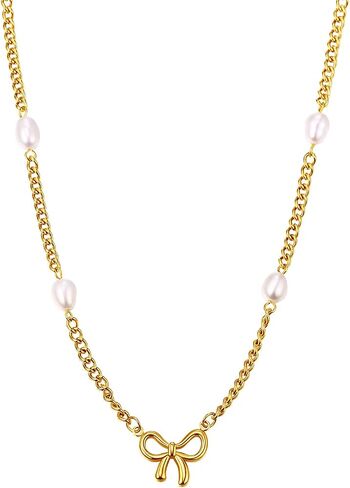 Women Bow Pearl Necklace: Gold Silver Bowknot Chain Pendant Jewelry Gift Trendy Elegant Dainty Female Stainless Steel Necklaces Choker for Wedding in Saudi Arabia