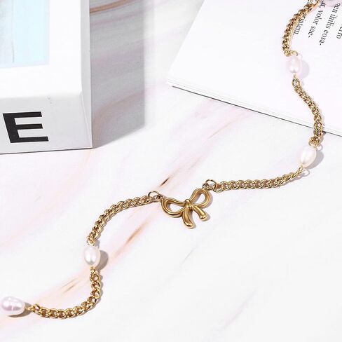Women Bow Pearl Necklace: Gold Silver Bowknot Chain Pendant Jewelry Gift Trendy Elegant Dainty Female Stainless Steel Necklaces Choker for Wedding in Saudi Arabia