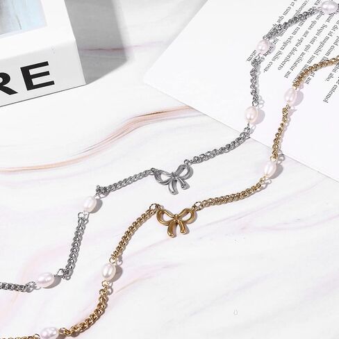 Women Bow Pearl Necklace: Gold Silver Bowknot Chain Pendant Jewelry Gift Trendy Elegant Dainty Female Stainless Steel Necklaces Choker for Wedding in Saudi Arabia