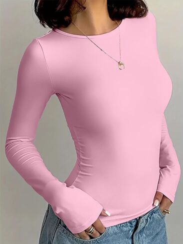 Women’s Round Neck Long Sleeve Crop Top Tee Shirt Basic Solid Y2K Tight Slim Fit Shirt Workout Yoga in Saudi Arabia