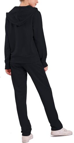 بدلات الركض النسائية مجموعات ملابس رياضية قطعتين سويت شيرت وسراويل رياضية بسحاب كامل هوديي رياضية (أسود، L) in Kuwait