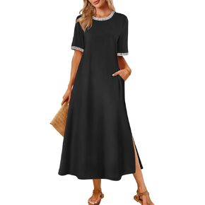 MEROKEETY Women's 2025 Summer Casual Maxi Dress Spring Beach Vacation Short Sleeve Crewneck Split Midi T Shirt Dresses in Saudi Arabia