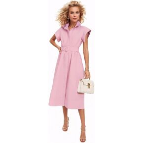 Womens 2025 Summer Short Sleeves Midi Dress Casual Button Down Long Dress with Belt in Saudi Arabia